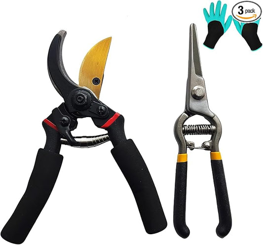 2Pack Pruning Shears, Garden Shears, Pruning Shears for Gardening, Gardening Shears Scissors Clippers, Garden Tools Set with Gloves, Bypass Hand Pruner, Soft Grip Handle