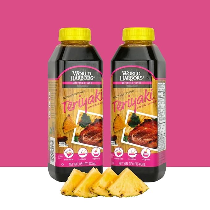 World Harbors Maui Mountain Teriyaki Sauce & Marinade Perfect for Fish, Chicken, Beef, Pork, Wings, Dumplings, Shrimp, Steak, Stir-Fries, Rice & Vegetables Made in USA 16-Fl Oz Bottle, (Pack of 2)