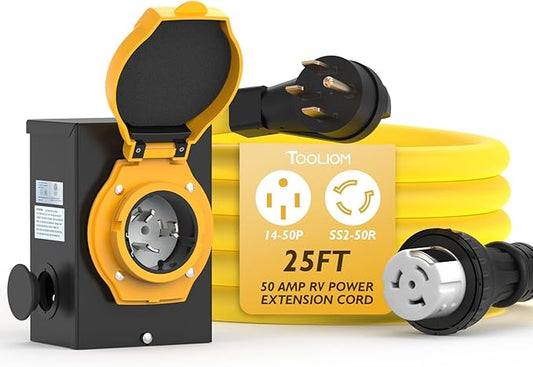 TOOLIOM 50 Amp Generator Power Inlet Box, NEMA SS2-50P Power Inlet Box and 50 Amp RV Power Extension Cord, 25FT NEMA 14-50P to SS2-50R Generator Extension Cord