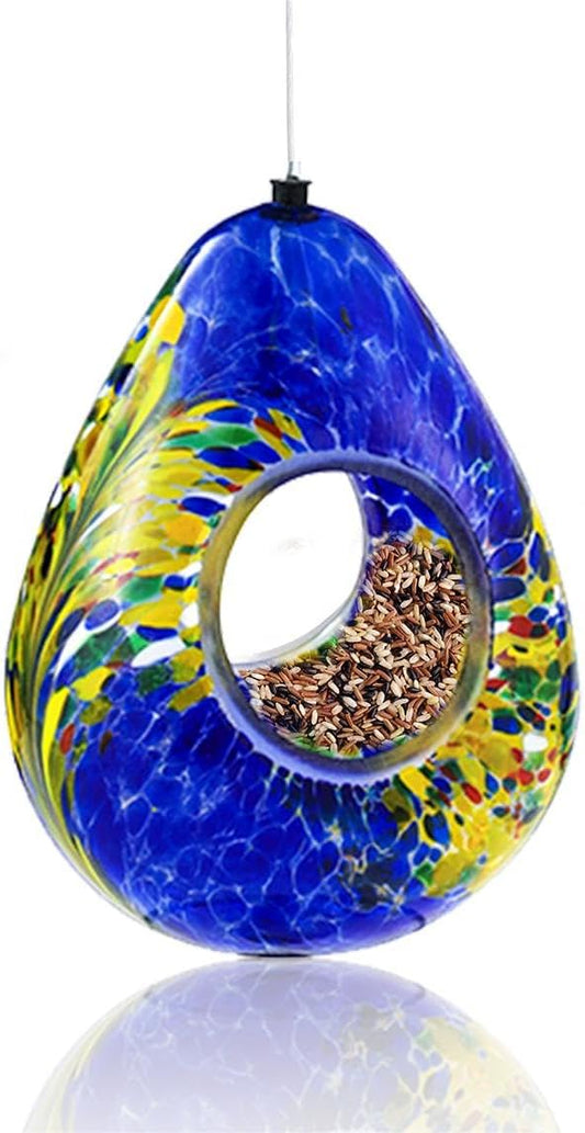 VOREEN Glass Bird Feeder, Fly Through Bird Feeders for Outdoor Hanging, Glass Wild Bird Feeder, for Garden, Yard, Backyard, Deck and Porch Decor, Gift for Mom Wife Friend, Blue Teardrop
