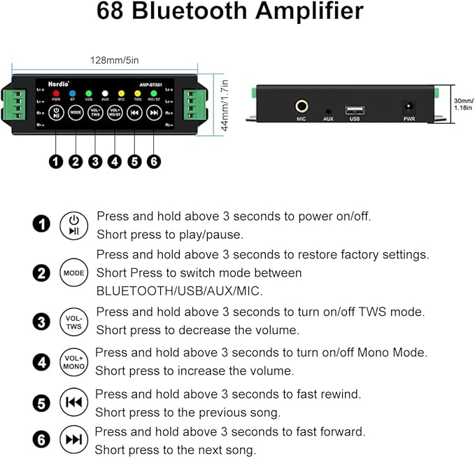 Herdio 6.5 Inch 800W Outdoor Bluetooth Speakers Wired Waterproof with Multifunctional Amplifier, Wall Mount Speaker for Patio Home Poolside Deck Backyard(2 Pairs,Black)