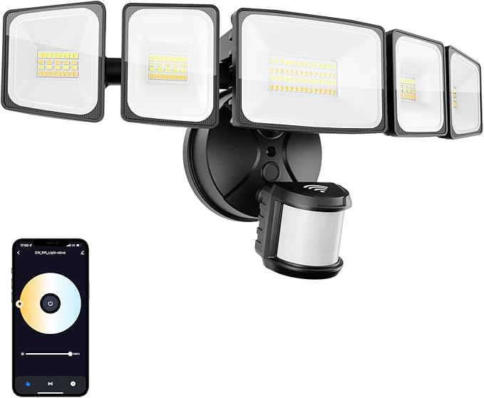 Onforu 5 Heads 65W Smart LED Security Lights Motion Sensor Outdoor, 340° Illumination WiFi Alexa Flood Light 5500LM APP Control, 2500K-6500K Exterior Motion Detector, IP65 Wall Light for Yard, Balck