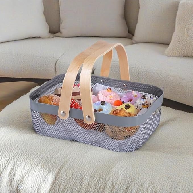 Metal Mesh Steel Basket, Storage Organizer Basket Garden Harvest Basket Multi-functional Kitchen Fruit Baskets Bin with Wooden Handle for Bathroom Picnic Shopping Decor Cabinet Home, Grey