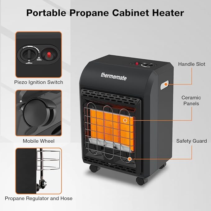 ThermoMate Propane Heater 18000 BTU With ODS & Tip-over Protection, Outdoor Gas Heater for Patio, Garage, Camping, Shop - Heating Up to 450 Sq. Ft, Gas Regulator & Hose Included