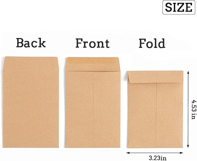 100 Pack Small Coin Envelopes Self-Adhesive Kraft Paper Seed Envelopes Mini Parts Small Items Stamps Storage Packets Envelopes for Garden, Office or Wedding Gift (Brown, 3.23×4.53 inch)