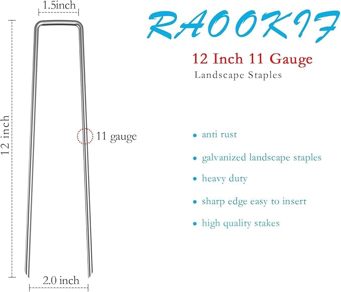 RAOOKIF 12 Inch Galvanized Garden Landscape Staples, 150Pcs Metal Stakes, 11 Gauge Heavy Duty Ground Stakes for Decoration, Fence, Lawn, Fabric Pins