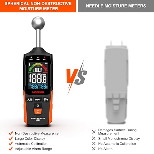 MS04 Pinless Moisture Meter with Ball Probe for Non-Destructive Area Scans Ideal for Wood Walls and Construction Materials Customizable Humidity Alarms Built-in Flashlight