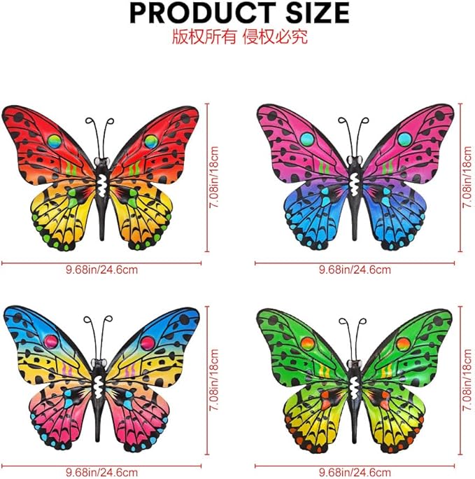 Metal Butterfly Wall Decor - 9.6" Outdoor Fence Wall Art Decor, Hanging Decoration for Garden Yard Living Room Bedroom Patio Balcony(4 Pack)