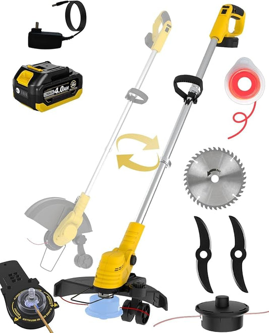20000 RPM(4.0AhX1) Electric Weed Wacker,Dual-Durable-Line,Metal Blades,Wheel,4-in-1 Battery Powered Weed Eater Cordless+String Trimmer+Edger Lawn Tool+Brush Cutter,Weed Whacker,Weed Trimmer Lawn
