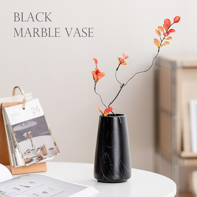 Marble Black Vase - Black Flower vase, 6" Small Simple Modern Ceramic Vases for Flower/Pampas Grass, Minimalist Farmhouse Boho Vase for Centerpieces, Home Decor, Bathroom Decor