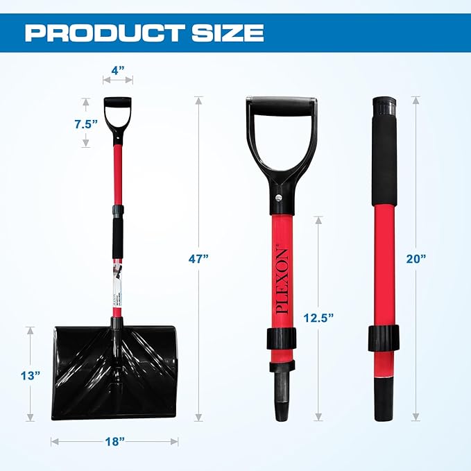 PLEXON Snow Shovel for Driveway, Snow Shovel for Car, Lightweight for Snow Removal, Home Garage, 47" Ergonomic, Plastic with D-Grip Handle