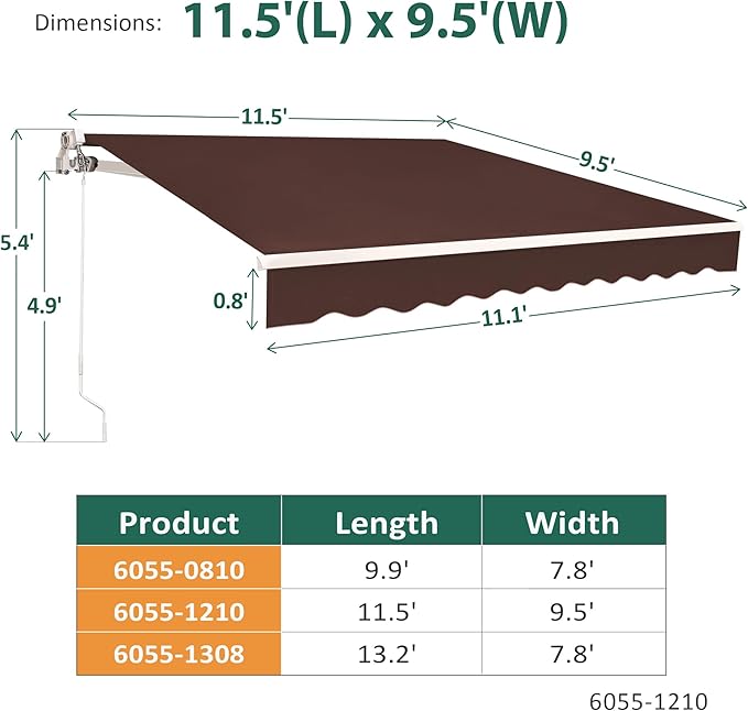 MCombo 11.5x9.5 Feet Manual Retractable Patio Door Window Awning Sunshade Shelter Outdoor Canopy, 1210 (Coffee Brown, 11.5'(L) x 9.5'(W))