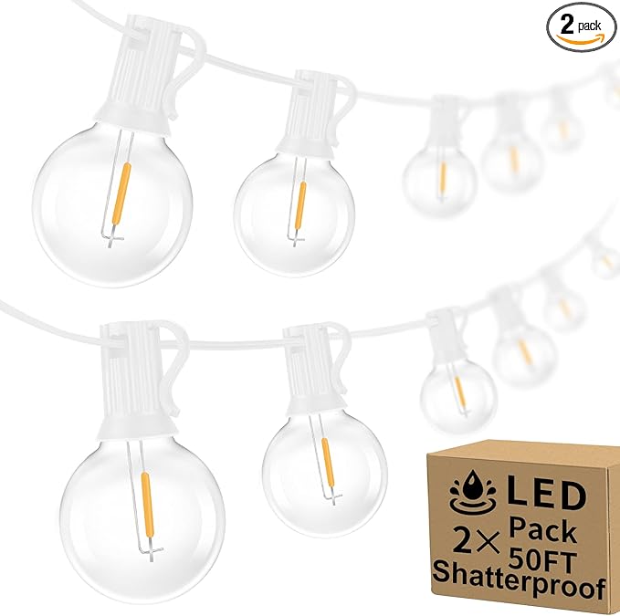 100ft 2-Pack Outdoor G40 LED Globe String Lights Dimmable Shatterproof Waterproof Light Strings with 52 Bulbs Connectable Commercial Hanging Lights for Patio Balcony Backyard Party (White Wire)