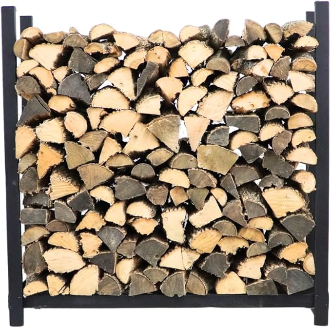 Woodhaven Black 4 Foot - Heavy Duty Made In USA - Indoor Outdoor - 1/4 Cord Firewood Storage Log Rack With Optional Seasoning Cover Combo Set - Metal Log Storage - 48” x 48” (No Cover)