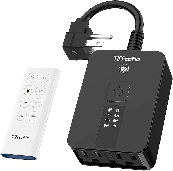TiFFCOFiO Outdoor Timer Waterproof, Remote Control Dusk to Dawn Sensor Countdown, 100 ft Range, 2 Grouded Electrical Outlets for Home and Garden, 15A 1/2HP, Heavy Duty, ETL Listed (1 Pack)