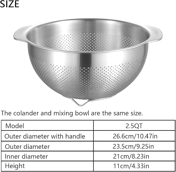 18/8 Stainless Steel Microwell Colander, 2.5QT Large Capacity with Handle Kitchen Food Strainer Basket for Washing Vegetables, Fruits, Rice, and Pasta (primary colour, 2.5QTColander+2.5QT Mixing bowl)