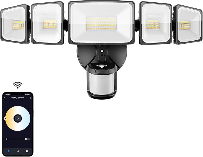 Onforu 55W Smart LED Security Lights Motion Sensor Outdoor 5 Heads, 340° Illumination WiFi Alexa Flood Light 5500LM APP Control, 2500K-6500K Exterior Motion Detector, IP65 Wall Light for Yard, Balck