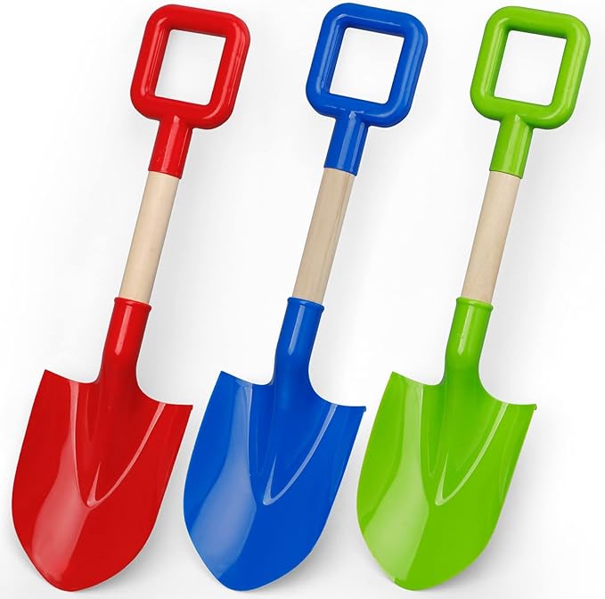 16'' Long Kids Beach Shovels Sand Spade Toys Gardening Tools with Wooden Handled, ABS Plastic Sturdy Scoop for Shoveling Digging Sand Snow Sandbox Backyard Summer Travel (3PCS - Blue Green Red)