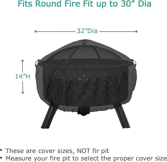 SunPatio Round Fire Pit Cover 32 inch, Heavy Duty Waterproof Patio Fire Bowl Cover with Adjustable Drawstring and Handles, UV & Rip & Fade Resistant, 32" Dia x 14"H, Black