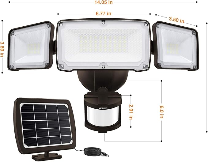 LEPOWER 1600LM LED Solar Security Lights Motion Outdoor, 5500K White Light, IP65 Waterproof Outdoor Flood Solar Light for Yard, Garage（Brown）