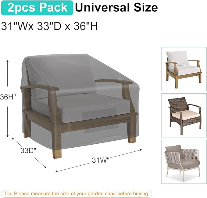 Patio Chair Covers for Outdoor Furniture Waterproof 2 Pack, Lawn Chair Covers 600D Heavy Duty Oxford Cloth, Large Covers for Lounge Lawn Deep Seat Black 31" W×33" D×36" H