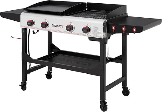 Royal Gourmet GD403 4-Burner Propane Gas Grill and Griddle Combo with Folding Legs, 48,000 BTUs, Portable Griddle Grill Combo for Outdoor Cooking While Camping or Tailgating, Black & Silver