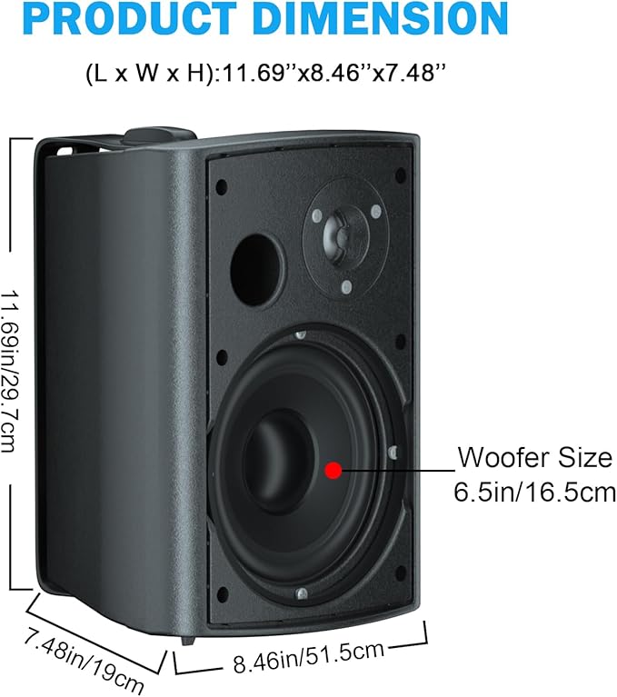 STUDIOFINIX 6.5 Inch Indoor Outdoor Speakers Wired Waterproof,Wall Mount Passive Speakers,800Watt Powerful Bass,for Home Patio Porch Garden Covered Deck (2Pairs, Black)