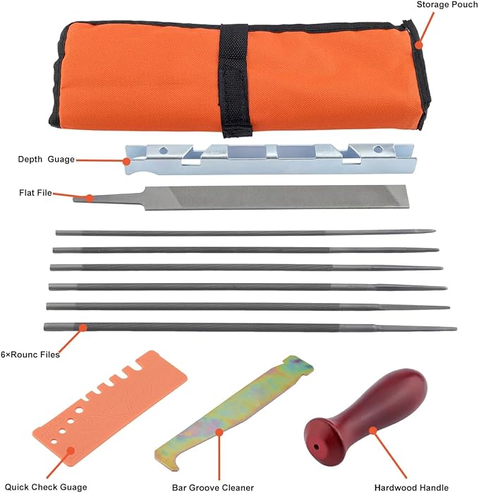 12 Pack Chainsaw File, Chain Saw Sharpener Tool, 5/32", 3/16", 7/32", 1/8", 11/64", 13/64" Round Chainsaw Sharpening, 6 Inch Flat File,Depth Gauge,Quick Check Gauge