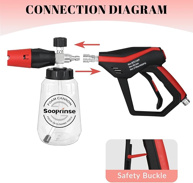 Sooprinse Short Pressure Washer Gun with Foam Cannon, Foam Cannon for Pressure Washer, 1/4 Inch Quick Connector, 5 Nozzle Tips with Car Wash Mitt, 1 Liter