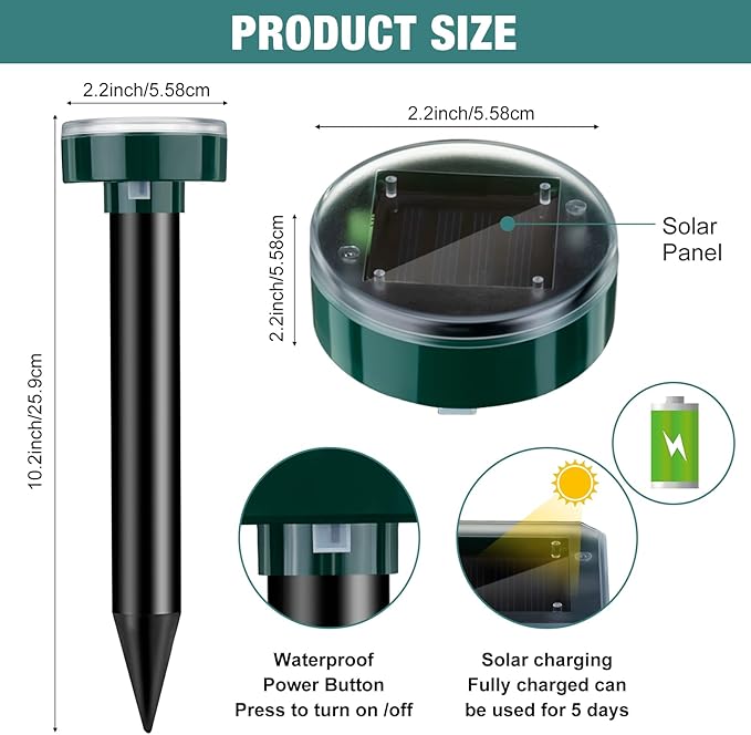 28 Pieces Solar Mole Repellent Ultrasonic Outdoor Gopher Deterrent Spikes for Garden Yard Lawn Waterproof Solar Powered Repeller for Groundhogs, Voles, Snakes and Other Burrowing Animals (Round)