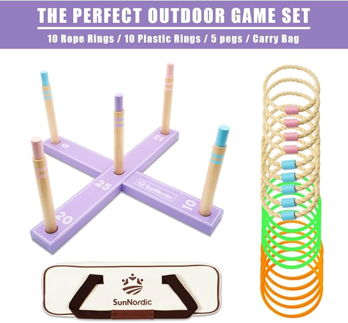Wooden Ring Toss Game Set, Backyard Beach Camping Game with Toss Rings & Portable Carrying Bag, Outdoor Lawn & Yard Games for Kids, Adults & Family