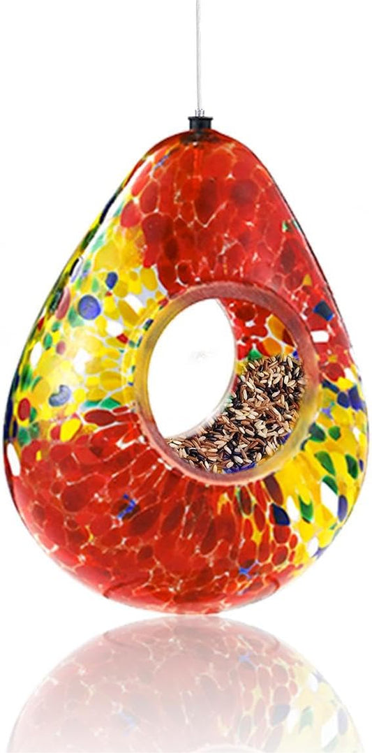 VOREEN Glass Bird Feeder, Fly Through Bird Feeders for Outdoor Hanging, Glass Wild Bird Feeder, for Garden, Yard, Backyard, Deck and Porch Decor, Gift for Mom Wife Friend, Red Teardrop