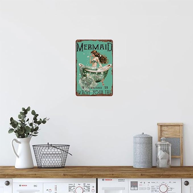 Metal Signs Mermaid Wash Your Tail Retro Tin Sign for Home Office Kitchen Bar Cafe Garden Wall Decor 12x8 Inch
