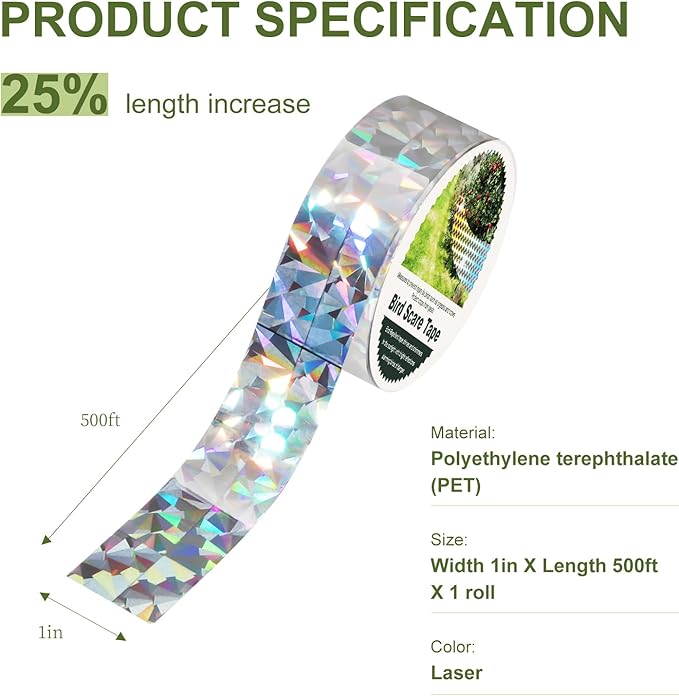 OFFO Bird Reflective Tape, 430 Feet x 1 in Dual-Sided Bird Reflective Tape Outdoor for Garden, Farm, Orchard or Courtyard