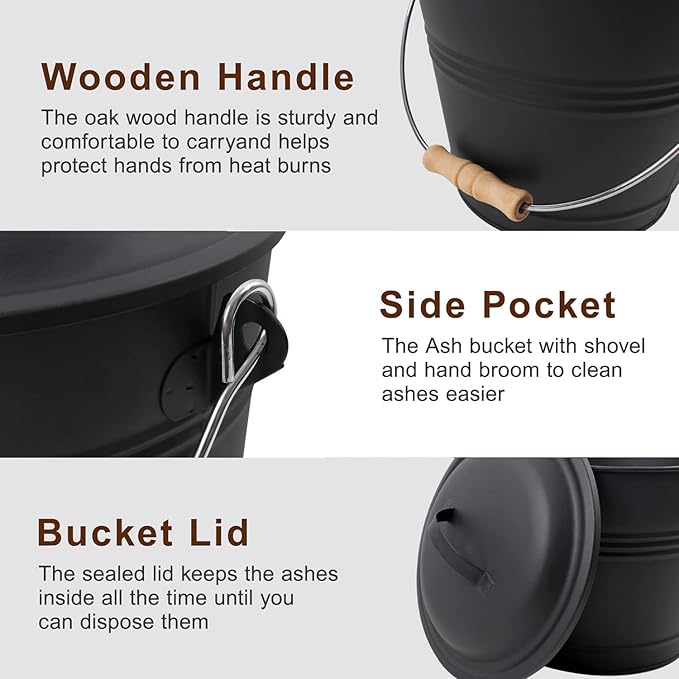 Poofzy Ash Bucket with Lid and Shovel, 1.3 Gallon Fireplace Bucket for Ashes, Includes Hand Broom and Gloves for Fire Pit, Wood Burning Stove and Grill