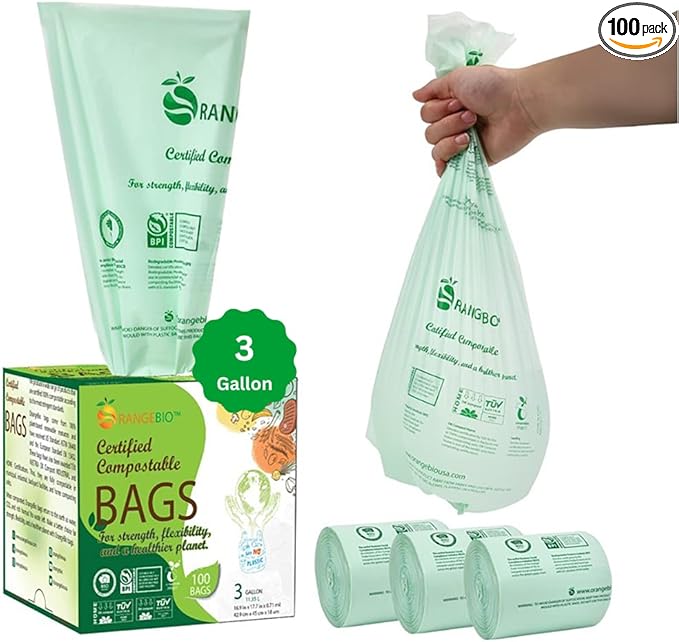 3 Gallon Compostable Trash Bags, 100 Count, Food Grade, Plant-based, Biodegradable, Leak-proof, Tear-resistant, Dishwasher Safe