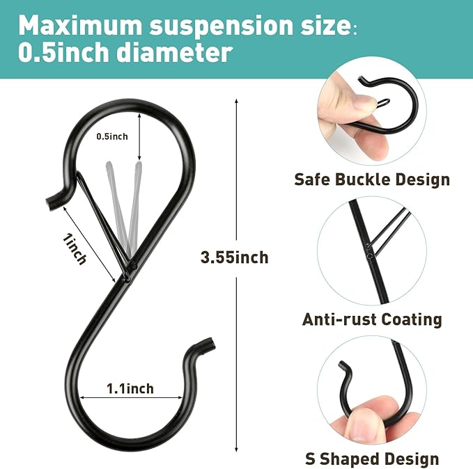 100 Pcs S Hooks for Hanging Heavy Duty, 3.5-inch Heavy Duty Metal S Hook with Safety Buckle, Suitable for 0.5 inch Rods, S Hook for Hanging Plants, Closet, Kitchen Utensil, Pot, Pan, Bags