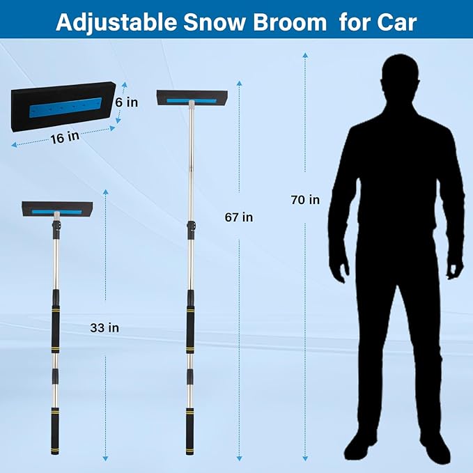 Snow Broom for Car, 33" to 67" Snow Brush for SUV Truck Car Windshield No-Scratch Snow Removal Telescopic Extension Pole with Push/Pull Foam Head with Comfort Foam Handle