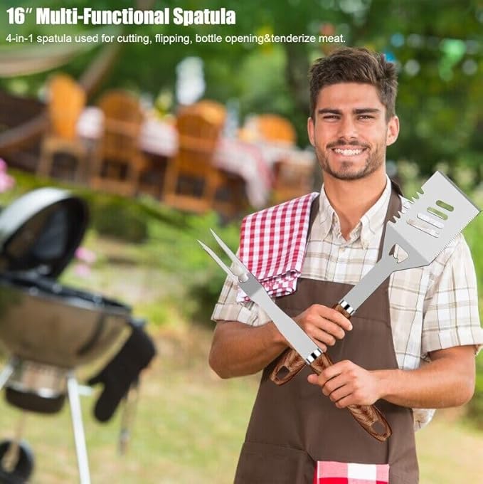 31pcs BBQ Grill Accessories Set for Men Dad, Heavy Duty Grilling Tools Gifts for Fathers Day, Stainless Steel BBQ Utensils Kit with Mats, Grill Brush in Carrying Bag Brown