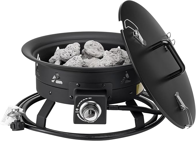 VEVOR Portable Propane Fire Pit, 19-Inch Diameter Outdoor Gas Fire Pit with Cover & Lava Rocks, Adjustable Flame Height Camping Firepit for Heating, Lighting, Gathering, 58,000 BTU, Black