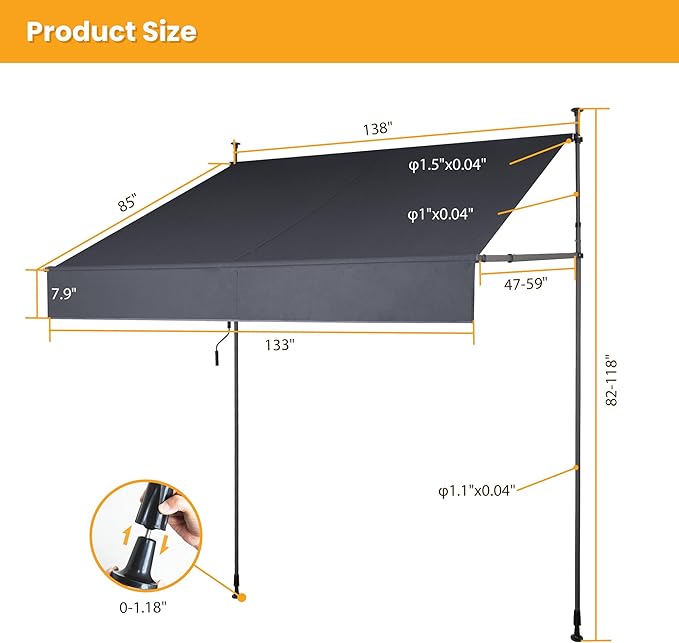 HOMEDEMO Manual Retractable Awning 138" W x 118" H,Side Bar 47-59in Patio Awning Retractable Outdoor Sunshade Shelter Height Adjustable Sunsetter Retractable Awning UV Protection for Backyard Garden