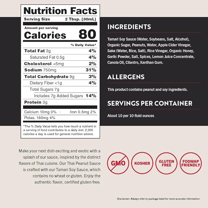 San-J - Gluten Free Thai Peanut Sauce -Traditional and Tasty Cooking Sauce - Non-GMO - 10 oz. Bottles - 2 Pack