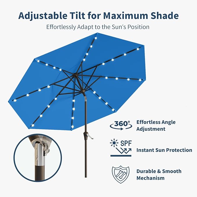 10FT Solar Umbrella 32 LED Lighted Patio Umbrella Table Market Umbrella w/Tilt and Crank, UV-Resistant Outdoor Umbrella for Pool, Garden, Deck, Royal Blue
