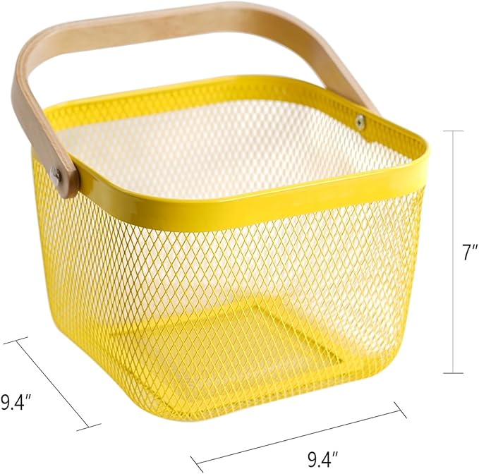 Metal Mesh Steel Harvest Basket, Square Wire Garden Basket with Handle – Multi-Functional Storage Organizer for Gathering Vegetables, Fruits, Kitchen, Garden, Picnic & Cabinet (Yellow)
