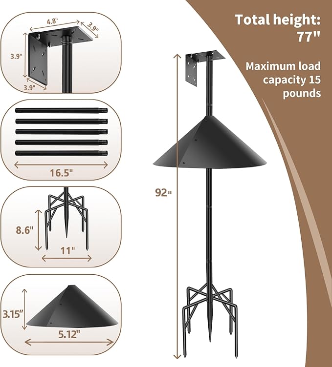 92 Inch Heavy Duty Birdhouse Pole with Squirrel Baffle & 5-Prong Base – Rustproof Birdhouse Stand for Bluebird Houses, Smart Bird Feeders & Weather Stations – Sturdy Design for Enhanced Bird Watching