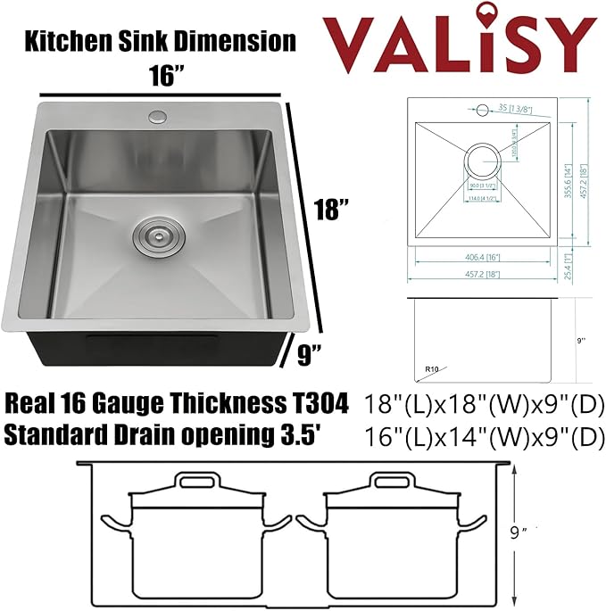 18x18 Inch Bar Sink Drop In Kitchen Sink, Topmount Stainless Steel Square Small Workstation Sinks, Single Bowl Kitchen Sinks for Laundry Wet Bar Prep RV Office Outdoor Yard