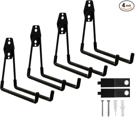 Garage Hooks, 4 Pack Large Square Wall Hooks for Hanging Heavy Duty Ladders, Bikes, Tools Ideal for Garage, Garden, Basement Utility Room Storage (Black)