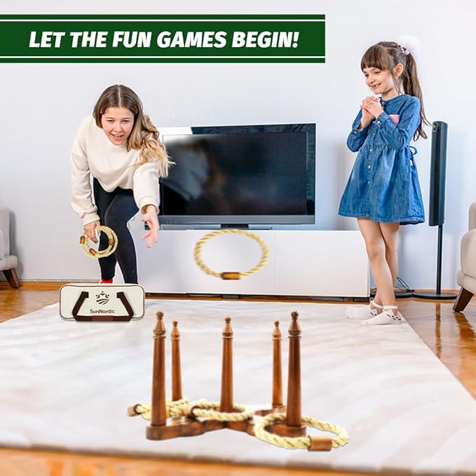 Wooden Ring Toss Game Set, Backyard Beach Camping Game with Toss Rings & Portable Carrying Bag, Outdoor Lawn & Yard Games for Kids, Adults & Family