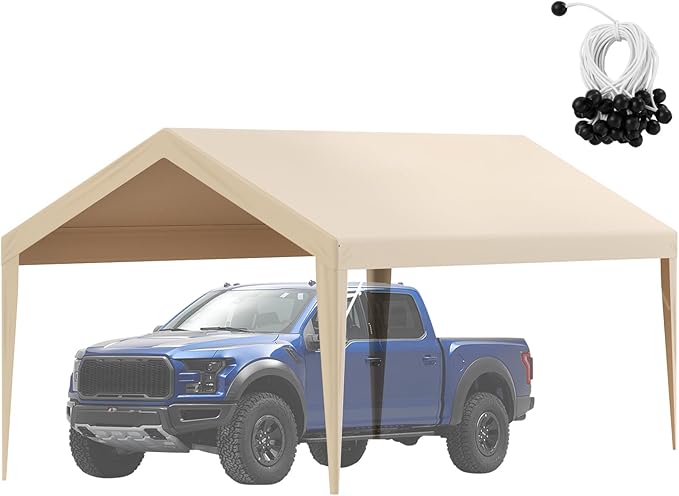 VEVOR Carport Replacement Canopy Cover 10 x 20 ft, Garage Top Tent Shelter Tarp Heavy-Duty Waterproof & UV Protected, Easy Installation with Ball Bungees,Beige (Only Top Cover, Frame Not Include)