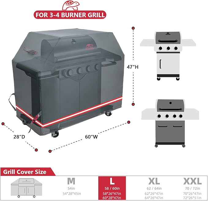 Turtle Life BBQ Grill Cover, 60 Inch Heavy Duty Waterproof 3-4 Burner Barbecue Gas Grill Covers for Weber Genesis Char-Broil Nexgrill Deluxe, Black
